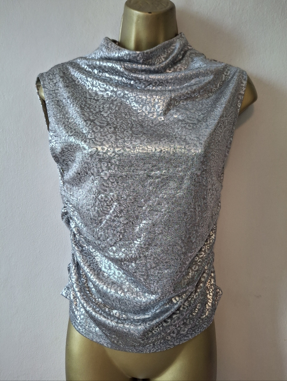 Sleeveless Metallic Silver Cowl Neck Top